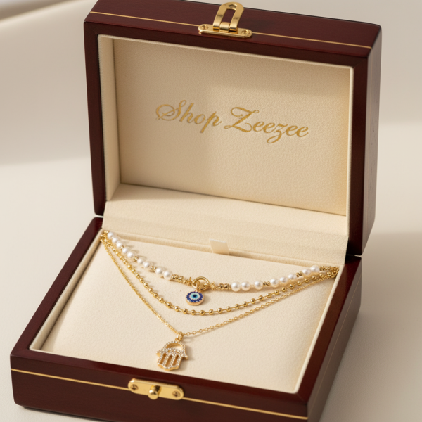 Pearl Hamsa & Evil Eye Layer Necklace - Image 2